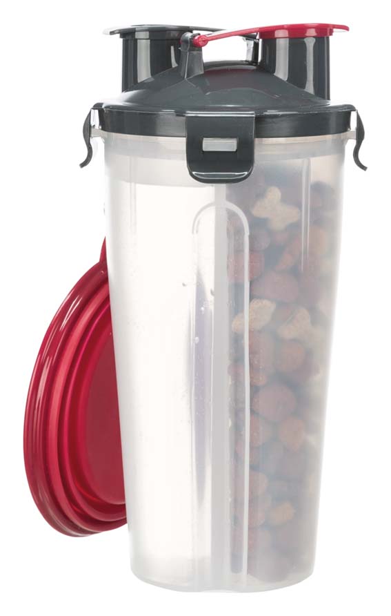 Trixie Foder- och vattenbehållare för hund – 2-i-1 reseflaska med silikonskål, 2 × 0.35 L / ø11 × 23 cm