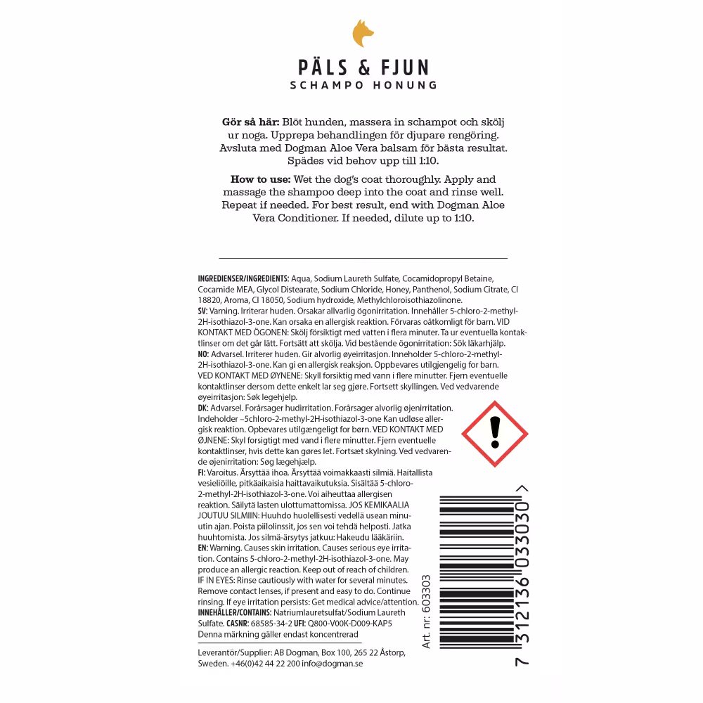 Dogman Päls & Fjun Honung Hundschampo 250ml