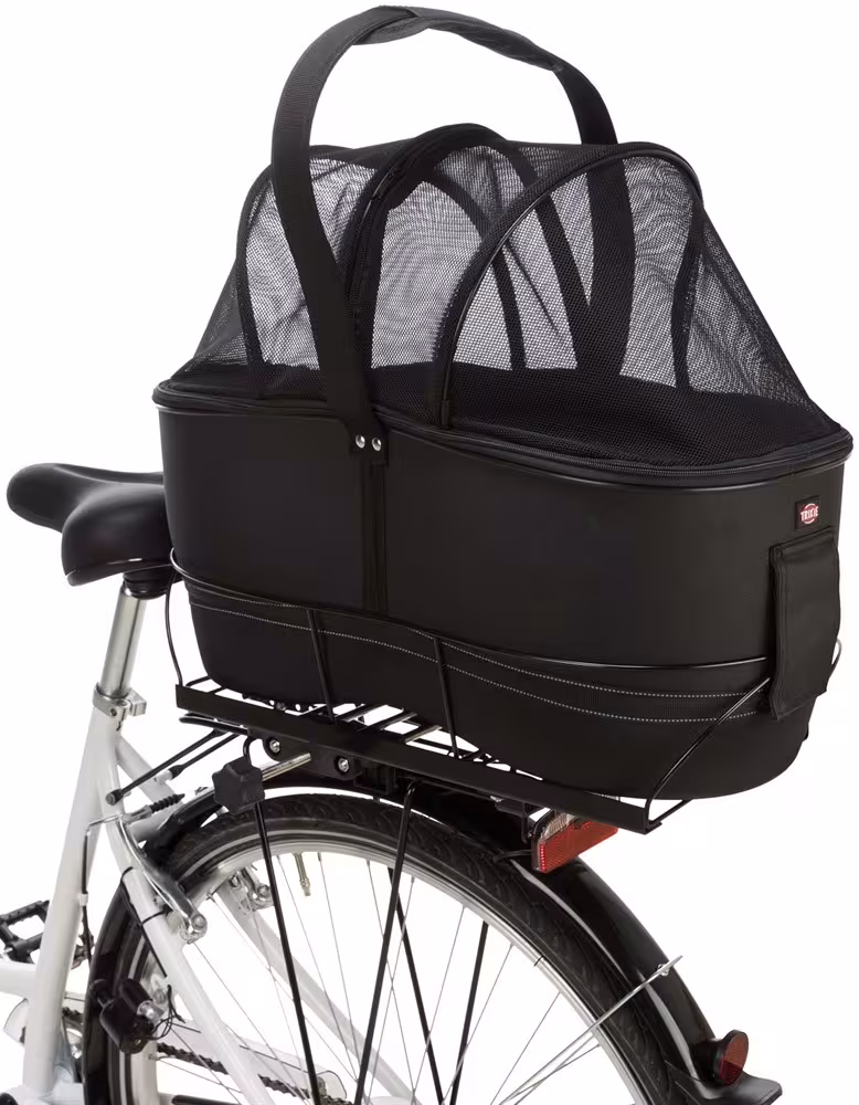 Trixie Cykelkorg Long för pakethållare – Med nätkåpa och vadderad dyna, 29×49×60 cm, svart