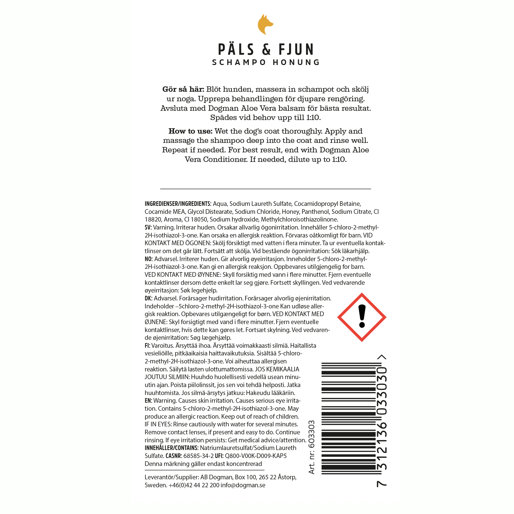Dogman Päls & Fjun Honung Hundschampo 250ml - 603303